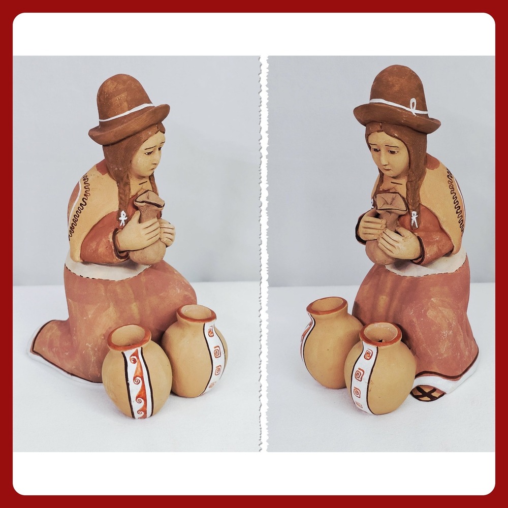 Vintage Peruvian Folk Art‎ Clay Pottery Kneeling Woman Terracotta Hand Painted